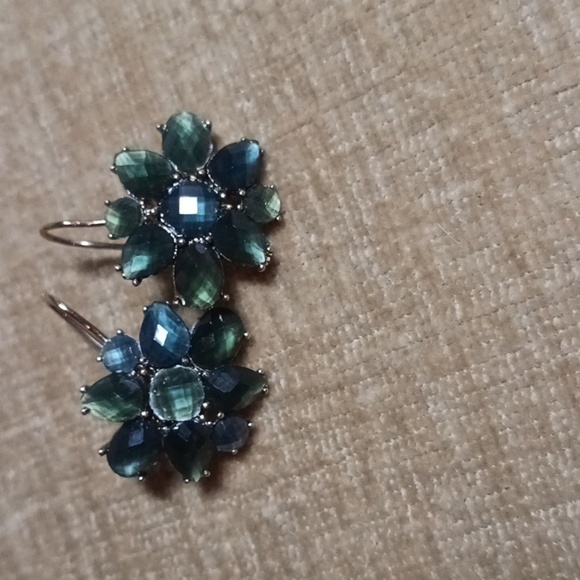 Liz Claiborne Gold Tone Blue/Green Rhinestone Flower Drop Earrings - Picture 2 of 10